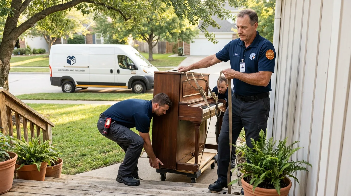 Licensed piano movers securing grand piano in Brooklyn, IN
