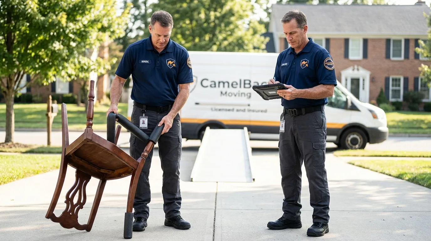Movers inspecting furniture for damage prevention before loading in Brooklyn, IN