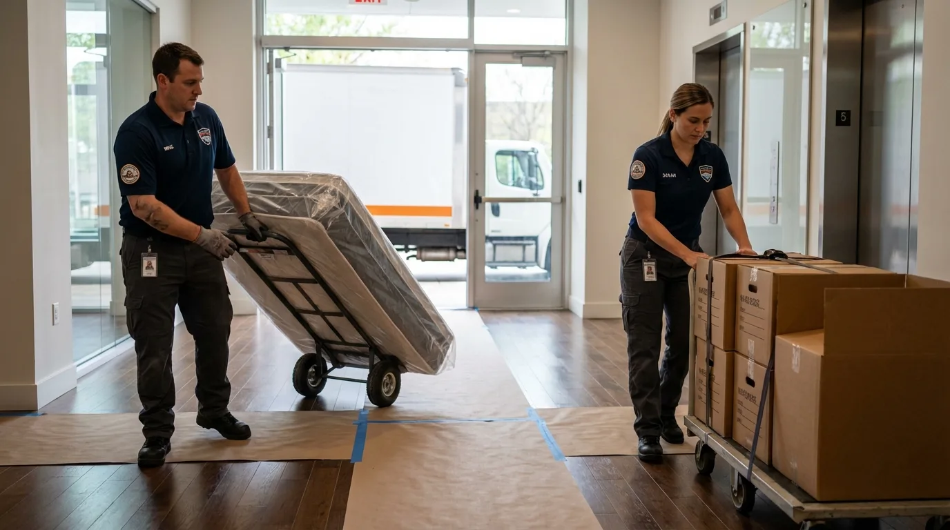Professional apartment movers loading elevator in Brooklyn, IN