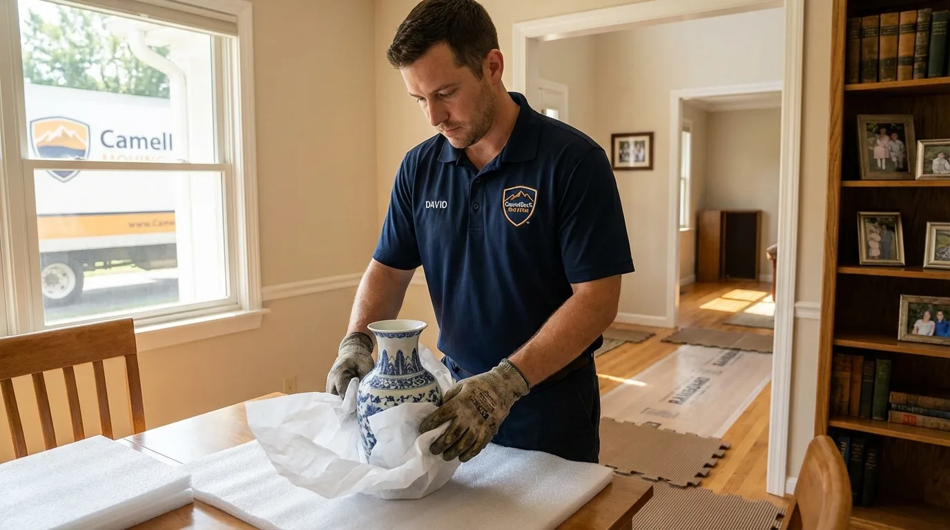 Professional crew carefully wrapping antique vase for senior downsizing move in Brooklyn, IN
